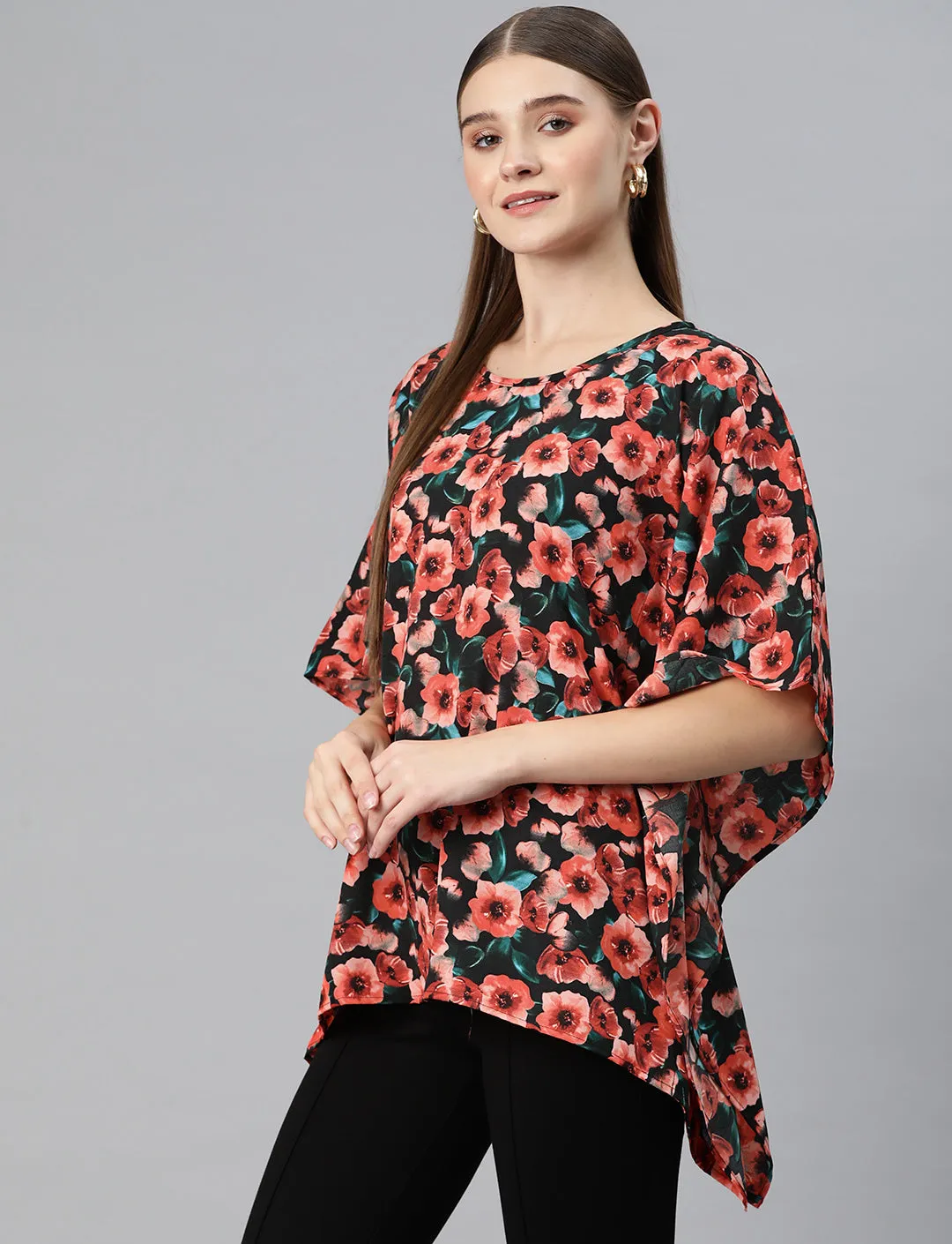 Cottinfab Women Floral Printed Kimono Sleeves Crepe Kaftan Longline Top