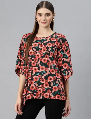 Cottinfab Women Floral Printed Kimono Sleeves Crepe Kaftan Longline Top