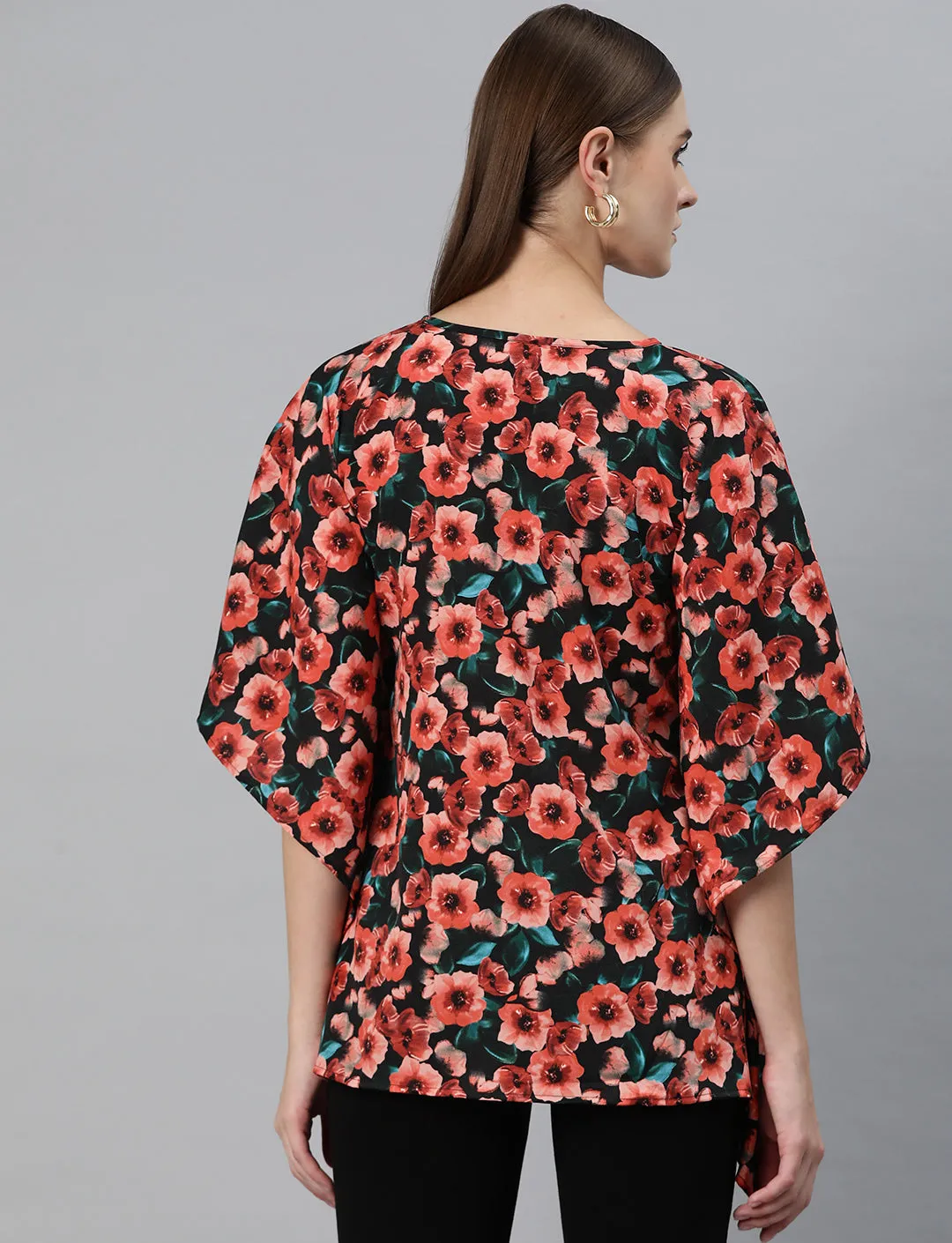 Cottinfab Women Floral Printed Kimono Sleeves Crepe Kaftan Longline Top