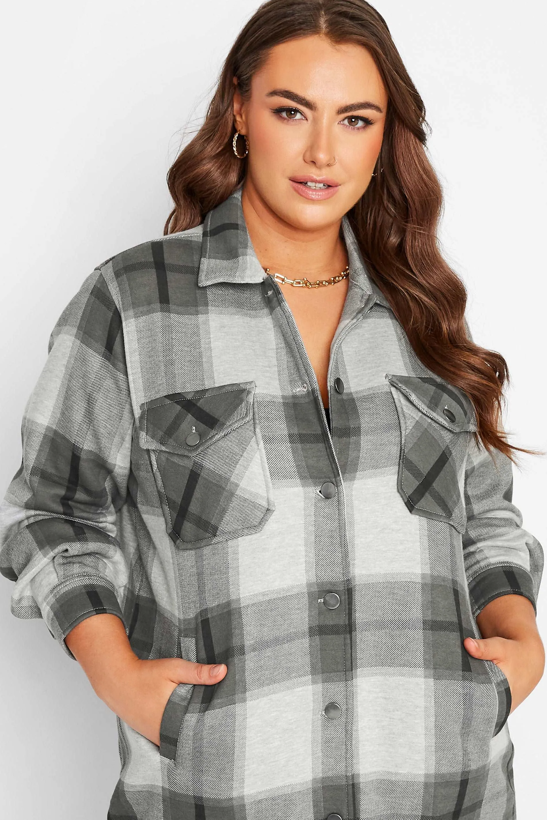 Dark Grey  oversized check shacket for Her-2016