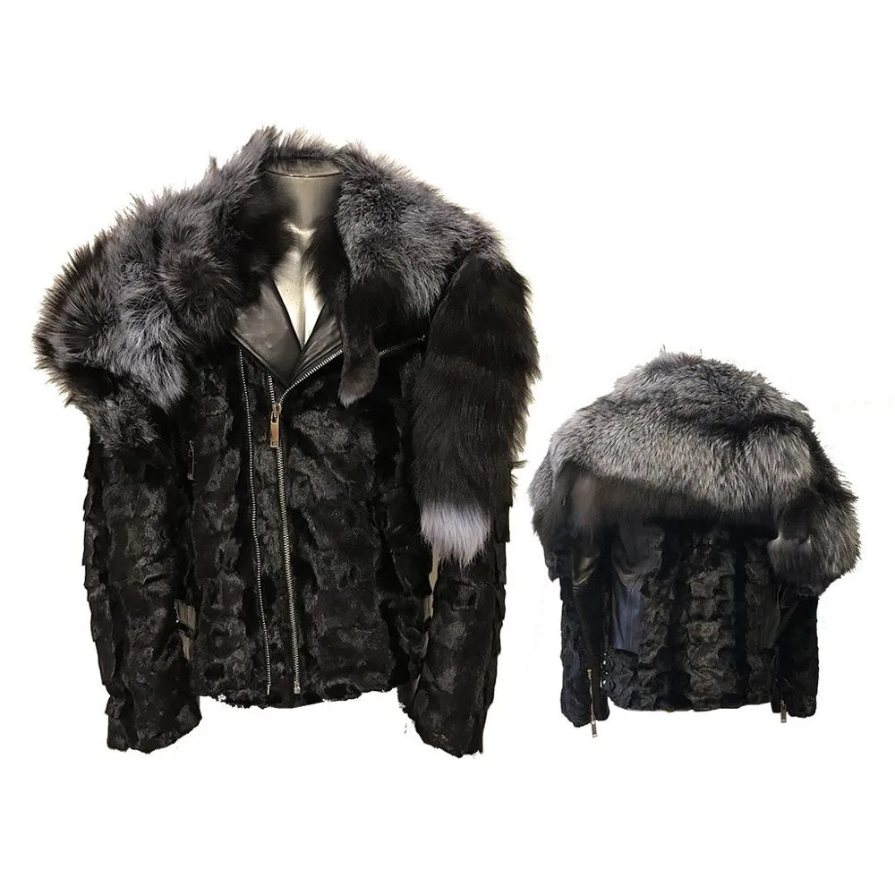 Diamond Mink Motor Jacket with Removable Fox Collar - Black/Silver Fox