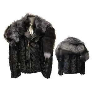 Diamond Mink Motor Jacket with Removable Fox Collar - Black/Silver Fox