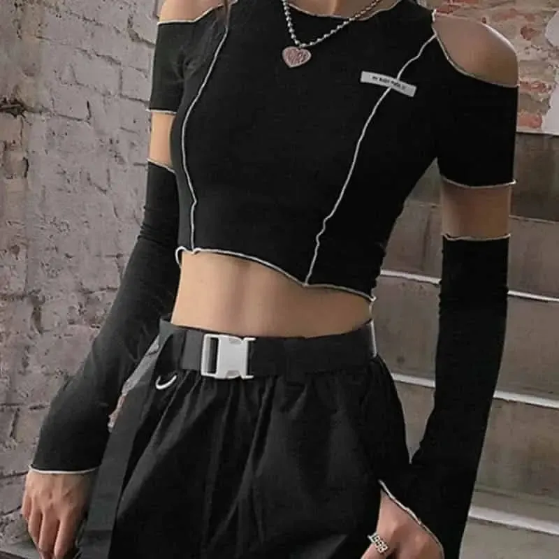 E-Girl Style Patchwork Black Gothic Top