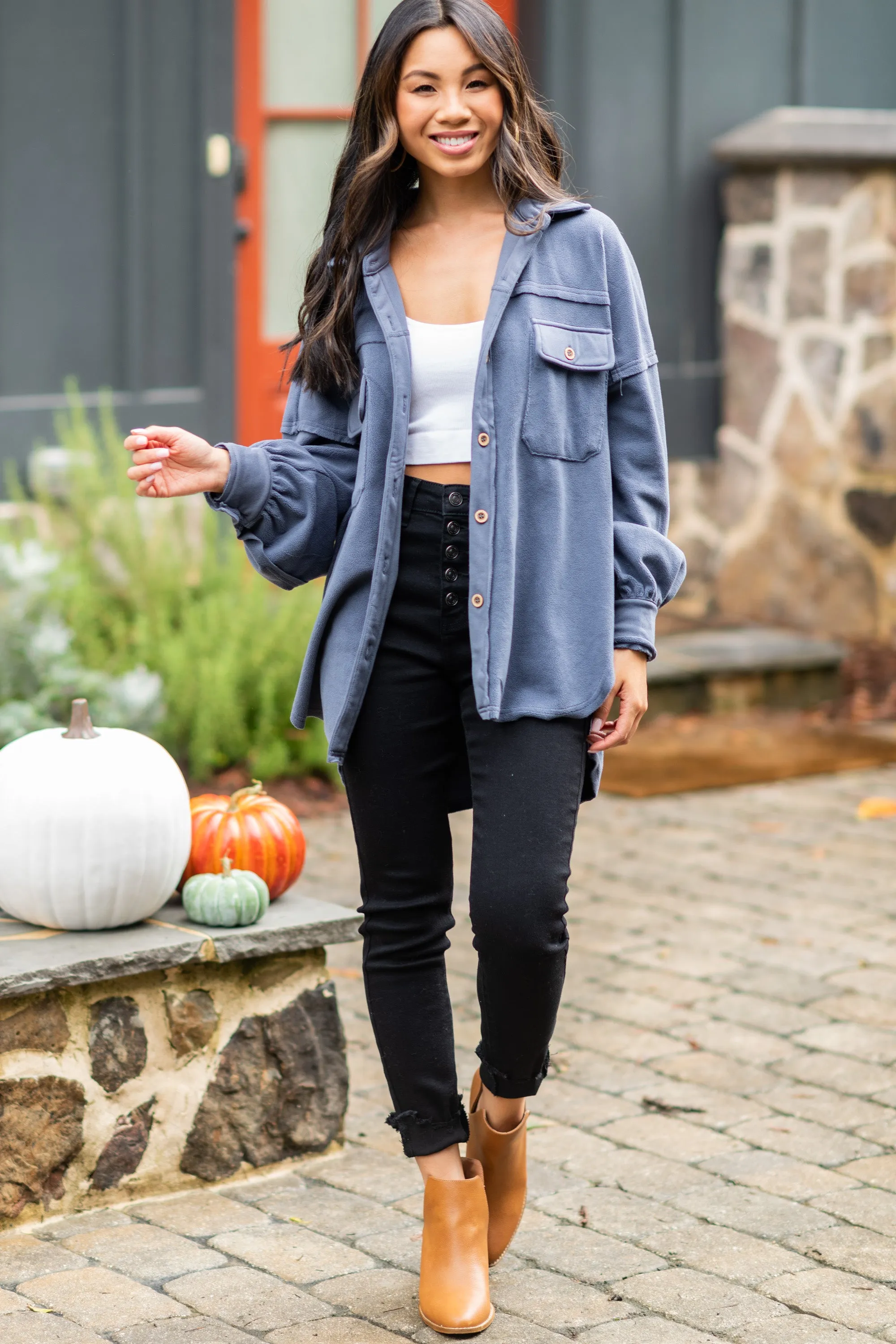 Easy Disposition Gray Blue Fleece Shacket