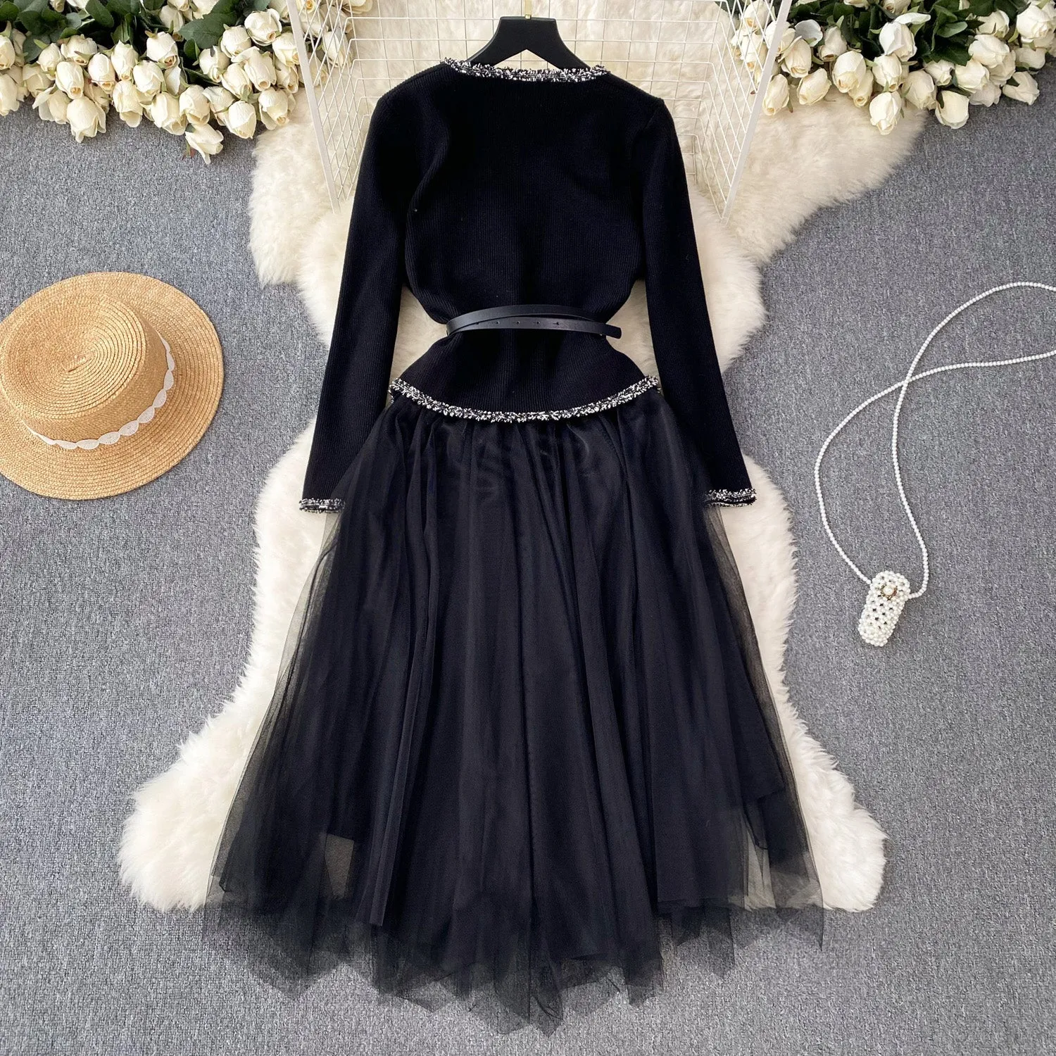 Elegant Cardigan&Slip Mesh Dress 2Pcs