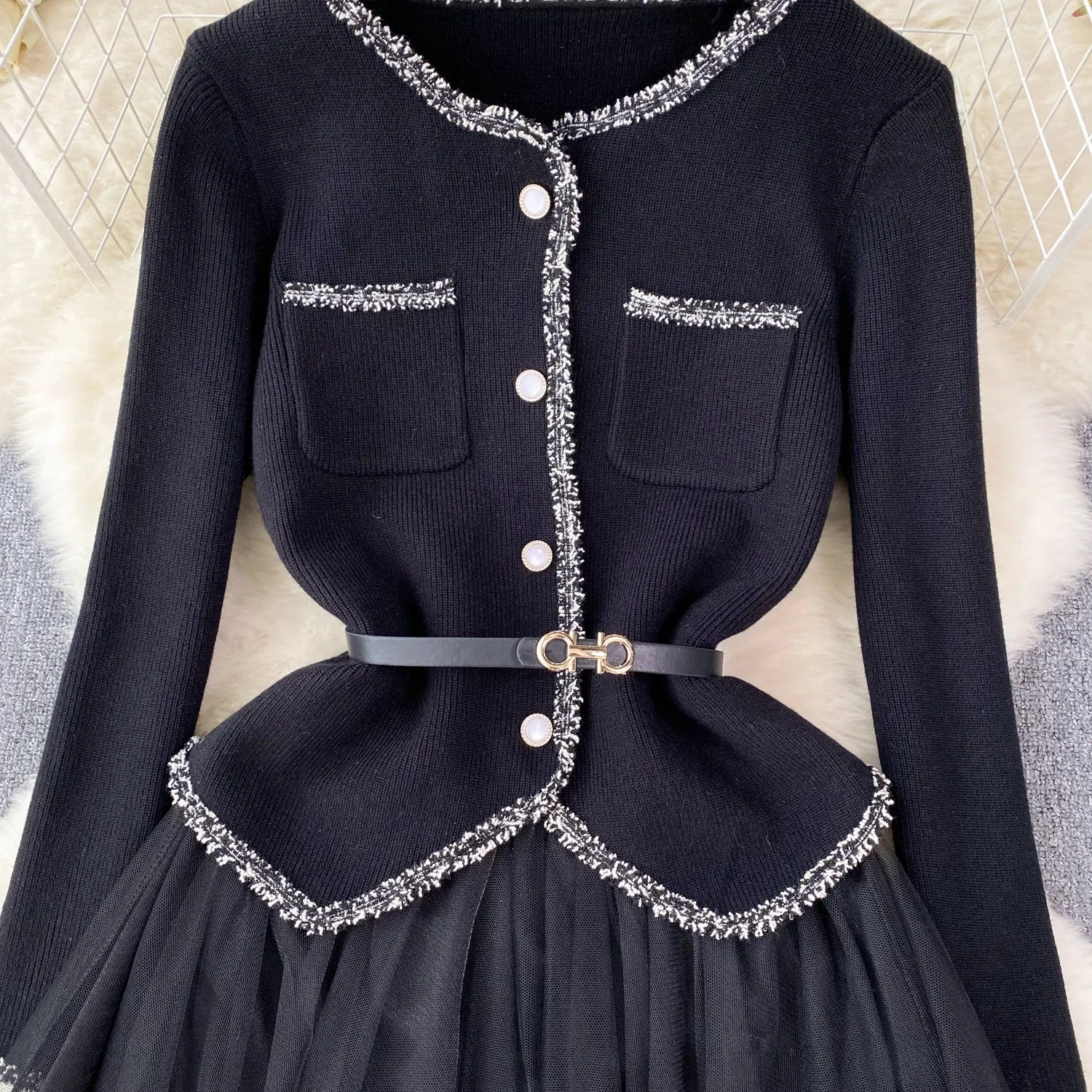 Elegant Cardigan&Slip Mesh Dress 2Pcs