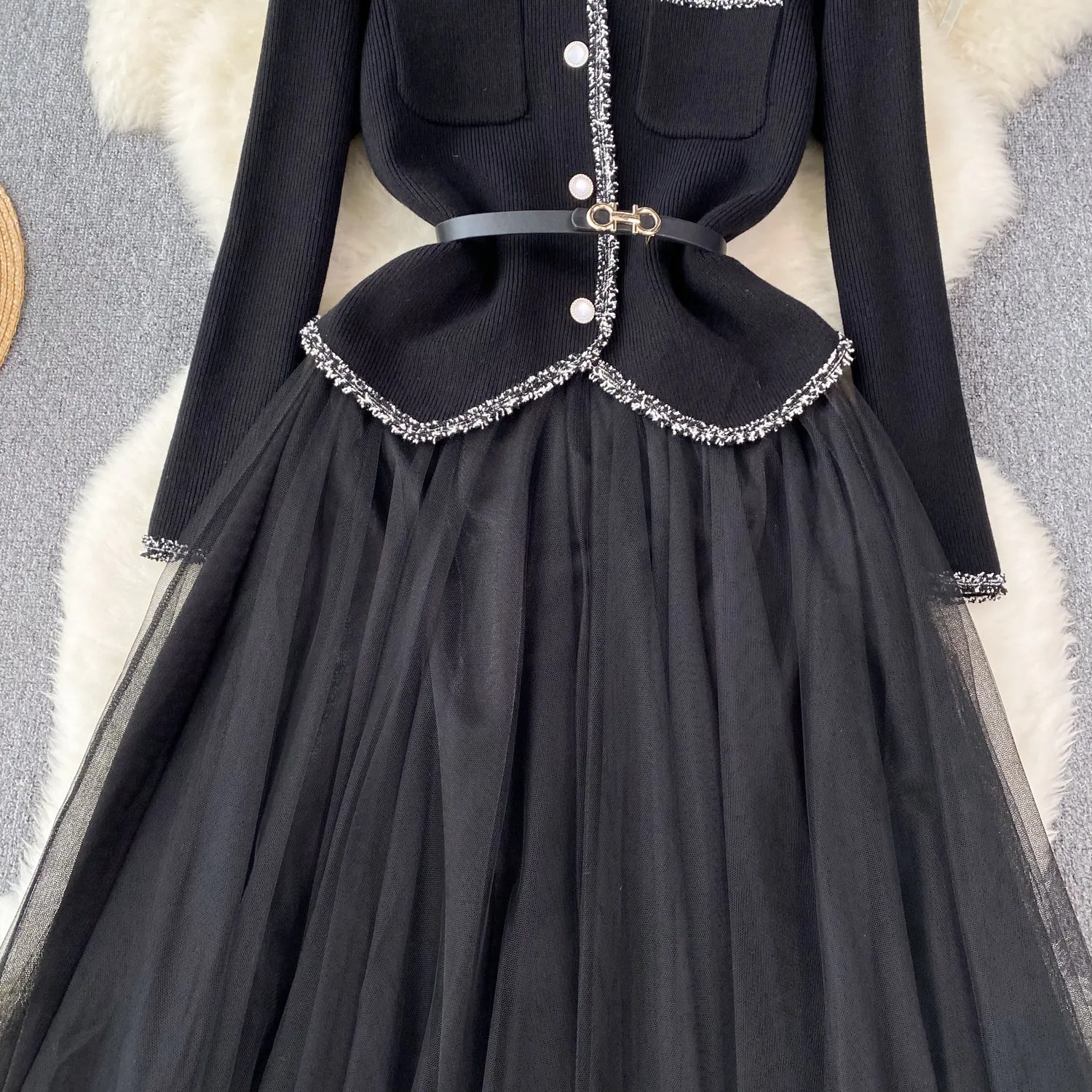 Elegant Cardigan&Slip Mesh Dress 2Pcs