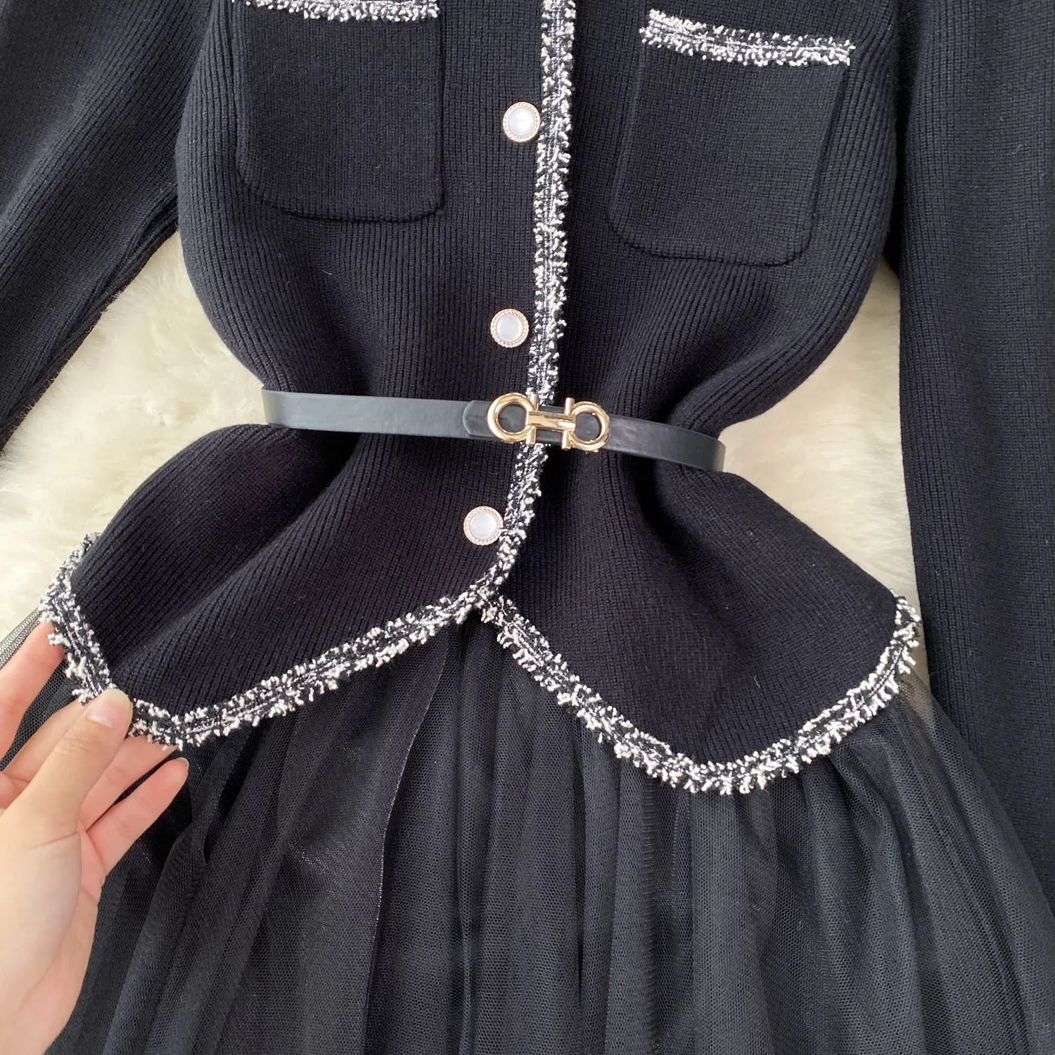 Elegant Cardigan&Slip Mesh Dress 2Pcs
