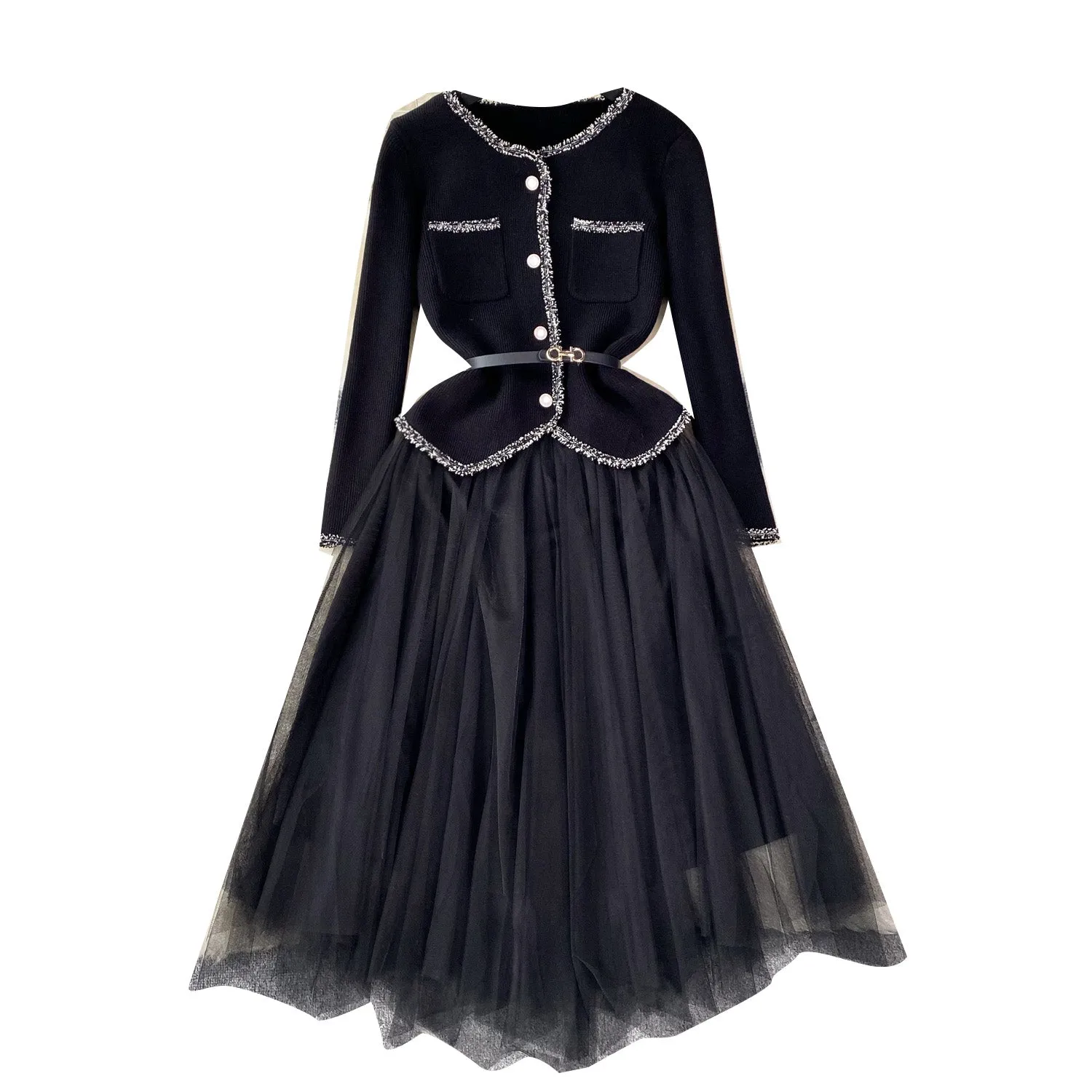Elegant Cardigan&Slip Mesh Dress 2Pcs