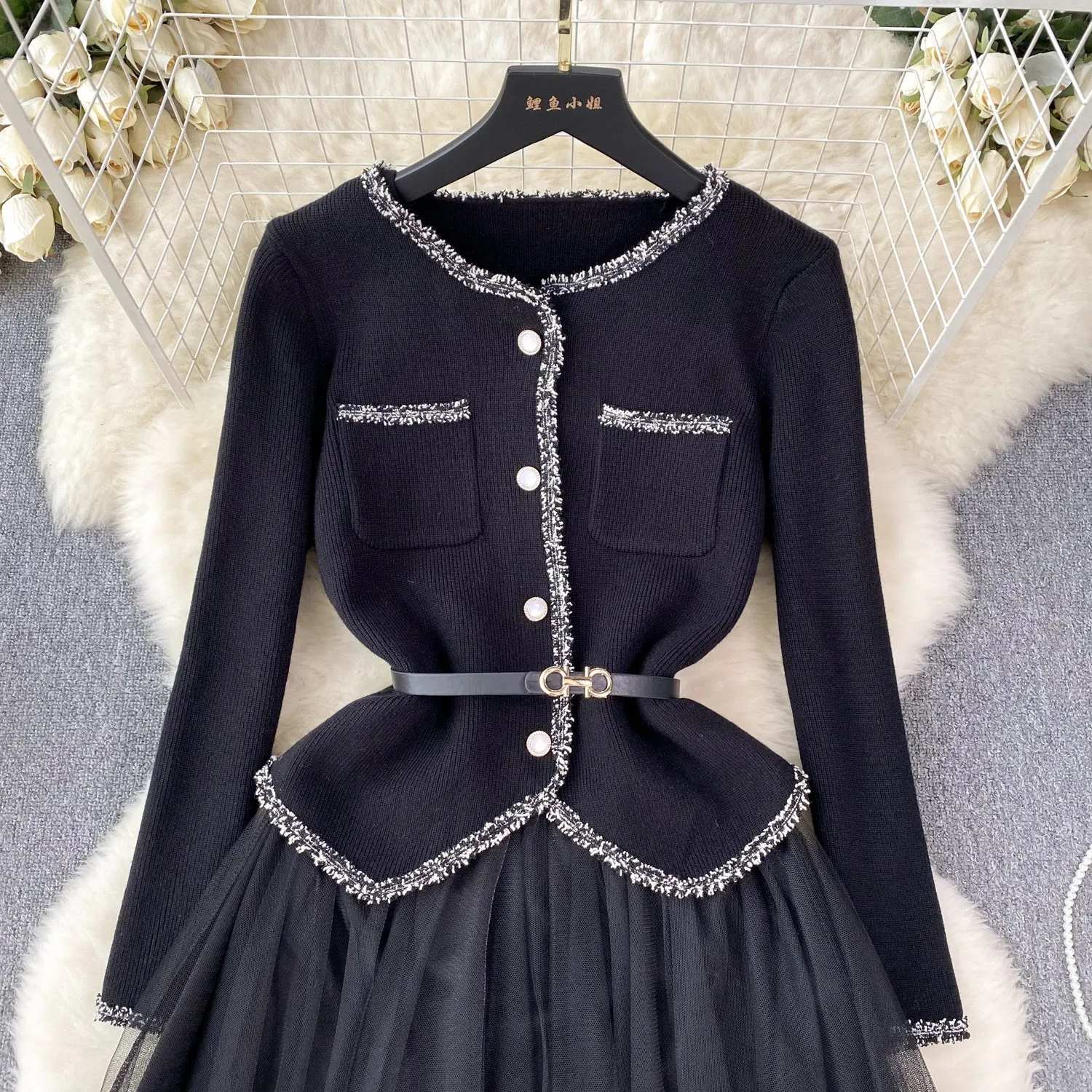 Elegant Cardigan&Slip Mesh Dress 2Pcs