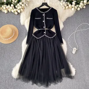 Elegant Cardigan&Slip Mesh Dress 2Pcs