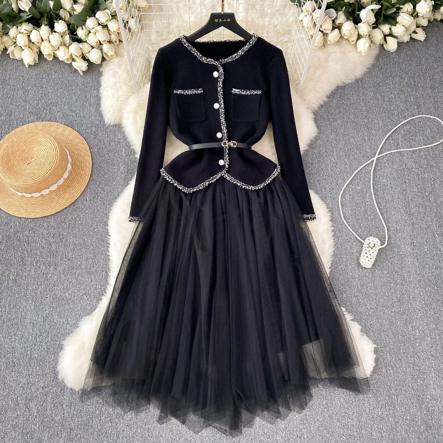 Elegant Cardigan&Slip Mesh Dress 2Pcs