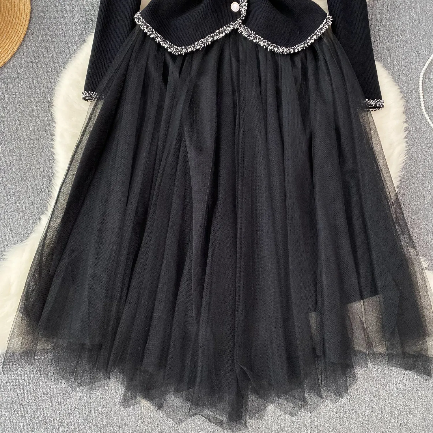 Elegant Cardigan&Slip Mesh Dress 2Pcs
