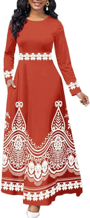 Elegant Long Sleeve Muslim Dresses for Women, Vintage Maxi Robe Islamic Kaftan Round Neck   479989