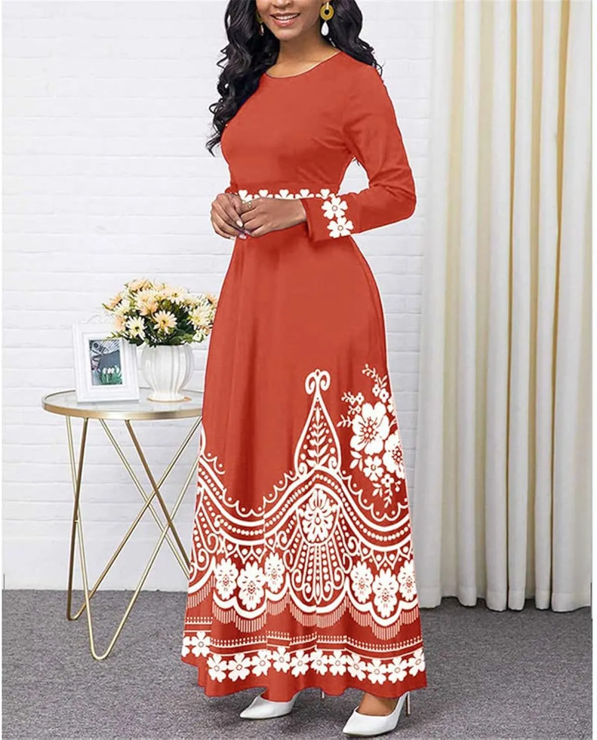 Elegant Long Sleeve Muslim Dresses for Women, Vintage Maxi Robe Islamic Kaftan Round Neck   479989