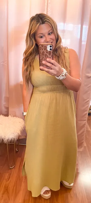 Enjoy The Shore Gauze Midi Dress In Green