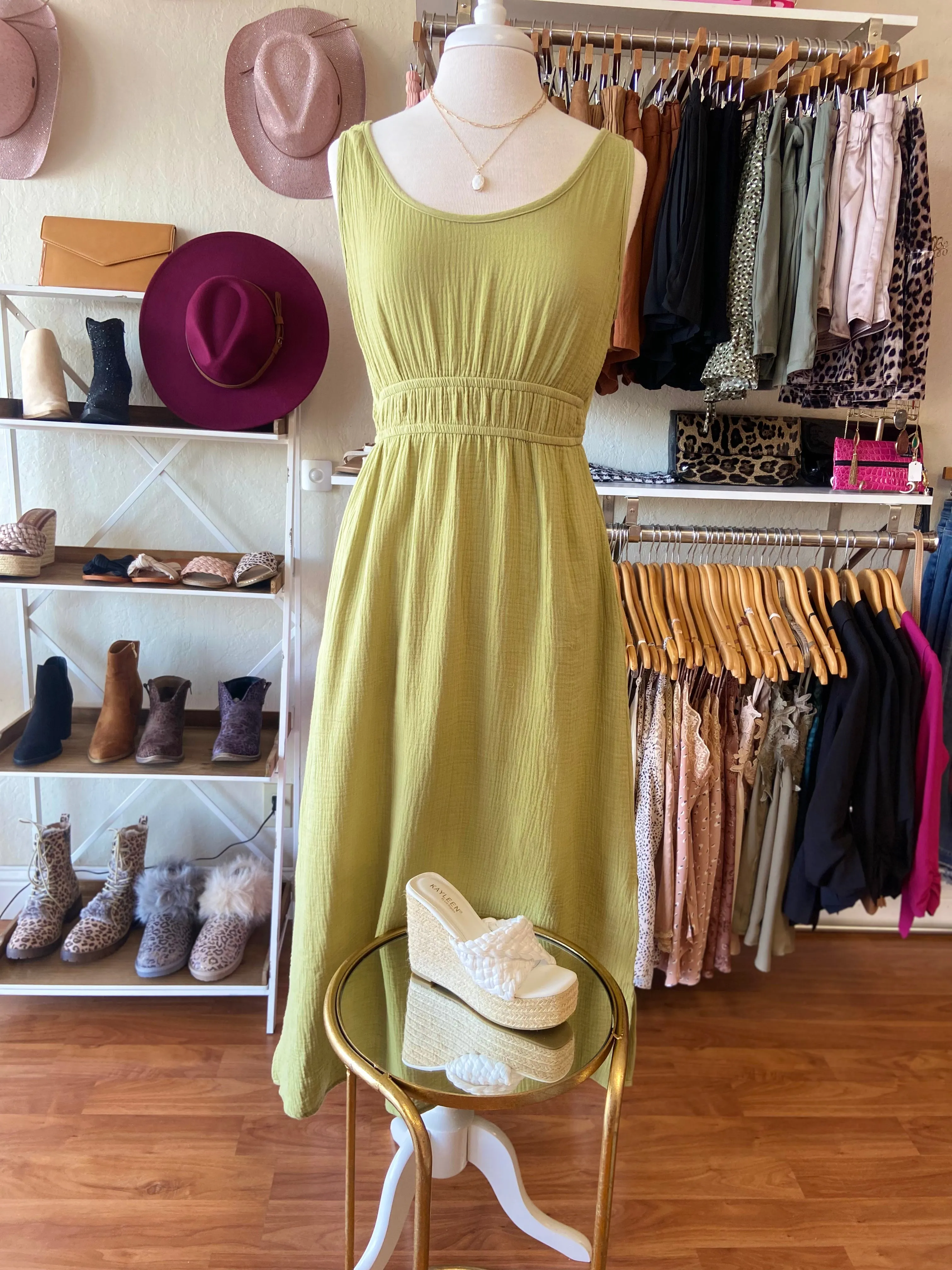 Enjoy The Shore Gauze Midi Dress In Green