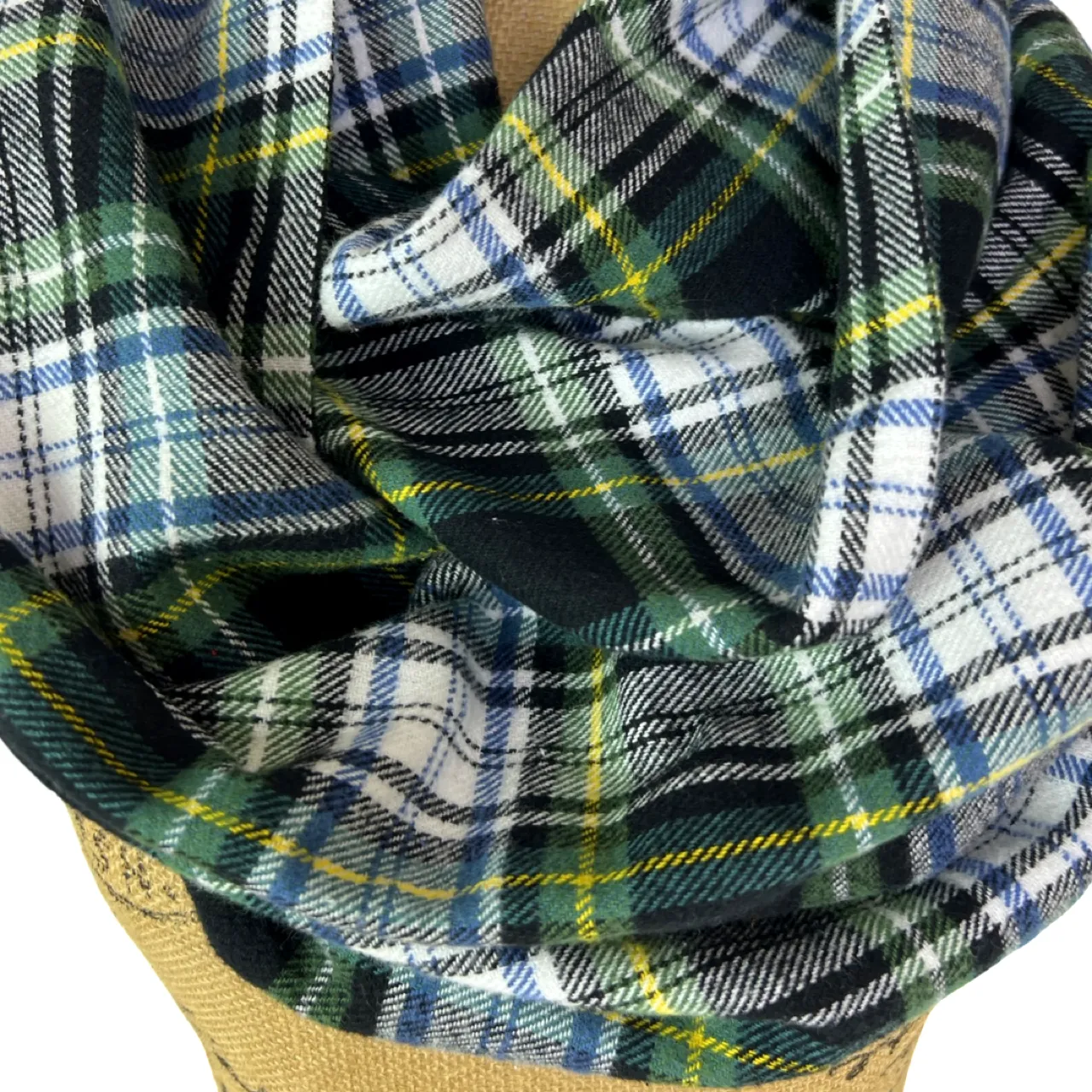 Evergreen, Black, White, Dusty Blue and Yellow Tartan Plaid Flannel Infinity or Blanket Scarf