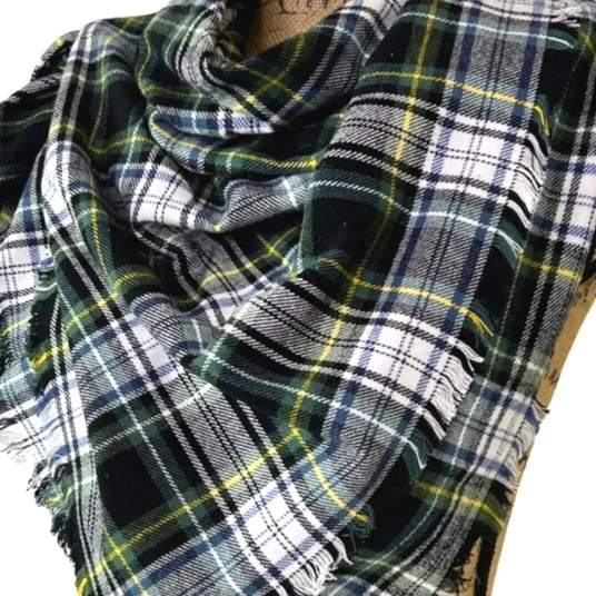 Evergreen, Black, White, Dusty Blue and Yellow Tartan Plaid Flannel Infinity or Blanket Scarf