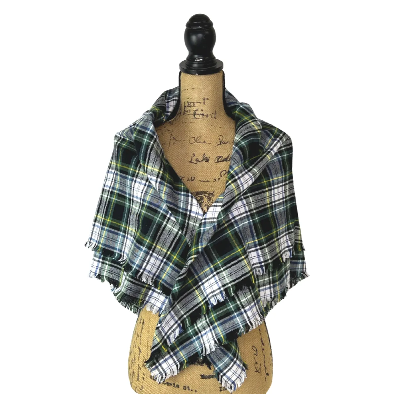 Evergreen, Black, White, Dusty Blue and Yellow Tartan Plaid Flannel Infinity or Blanket Scarf