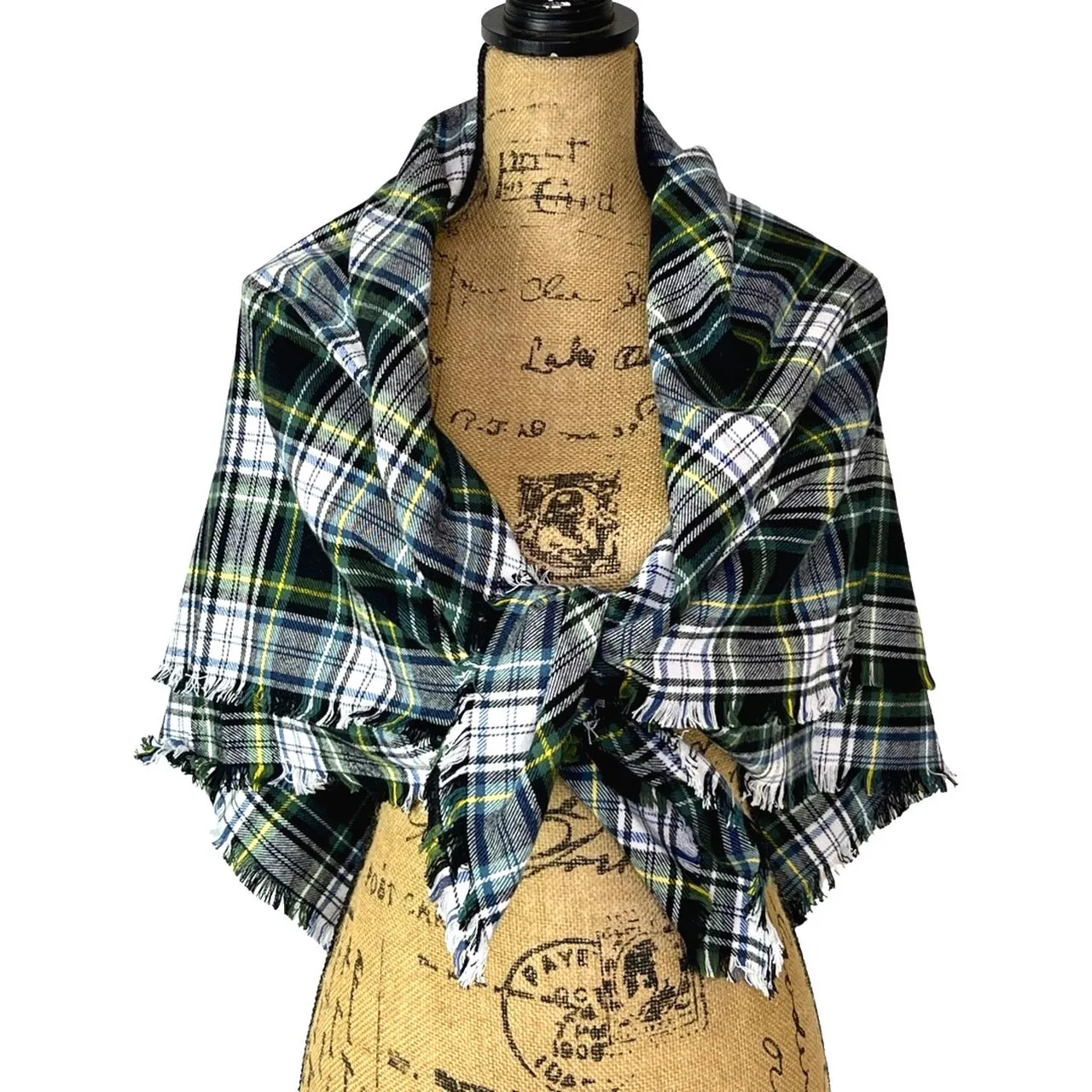 Evergreen, Black, White, Dusty Blue and Yellow Tartan Plaid Flannel Infinity or Blanket Scarf