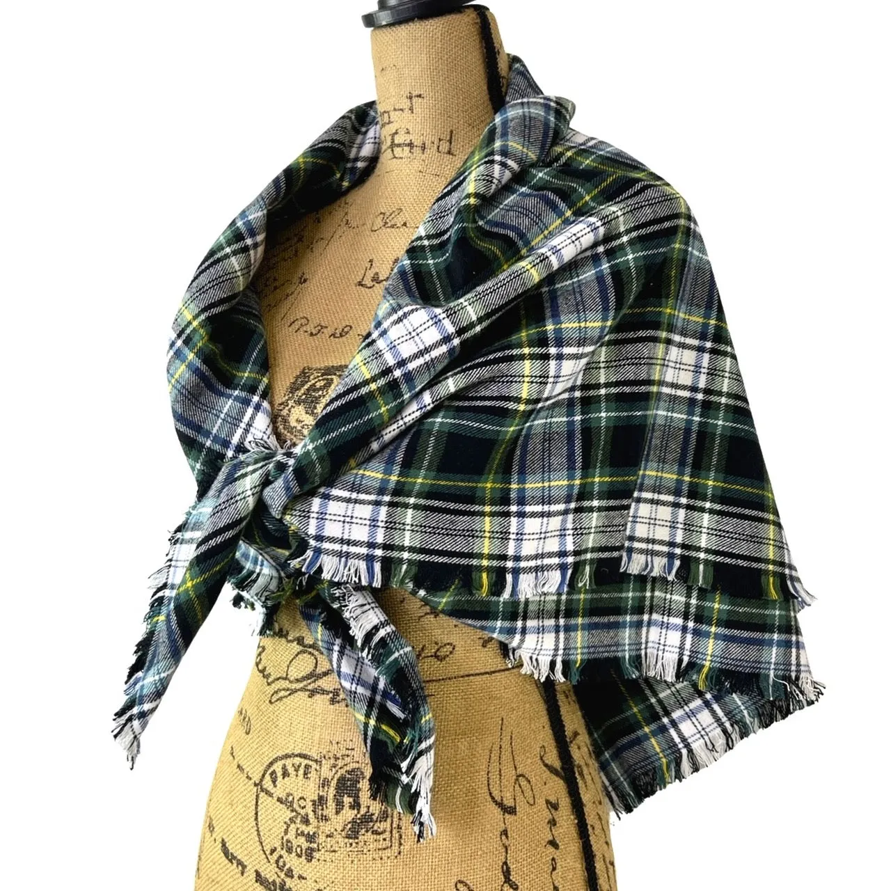 Evergreen, Black, White, Dusty Blue and Yellow Tartan Plaid Flannel Infinity or Blanket Scarf