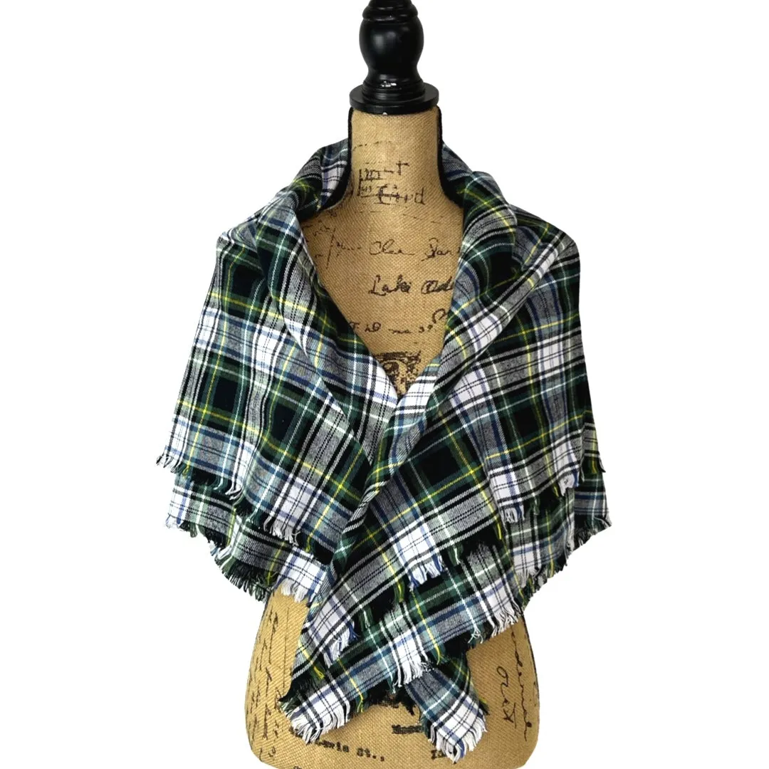 Evergreen, Black, White, Dusty Blue and Yellow Tartan Plaid Flannel Infinity or Blanket Scarf
