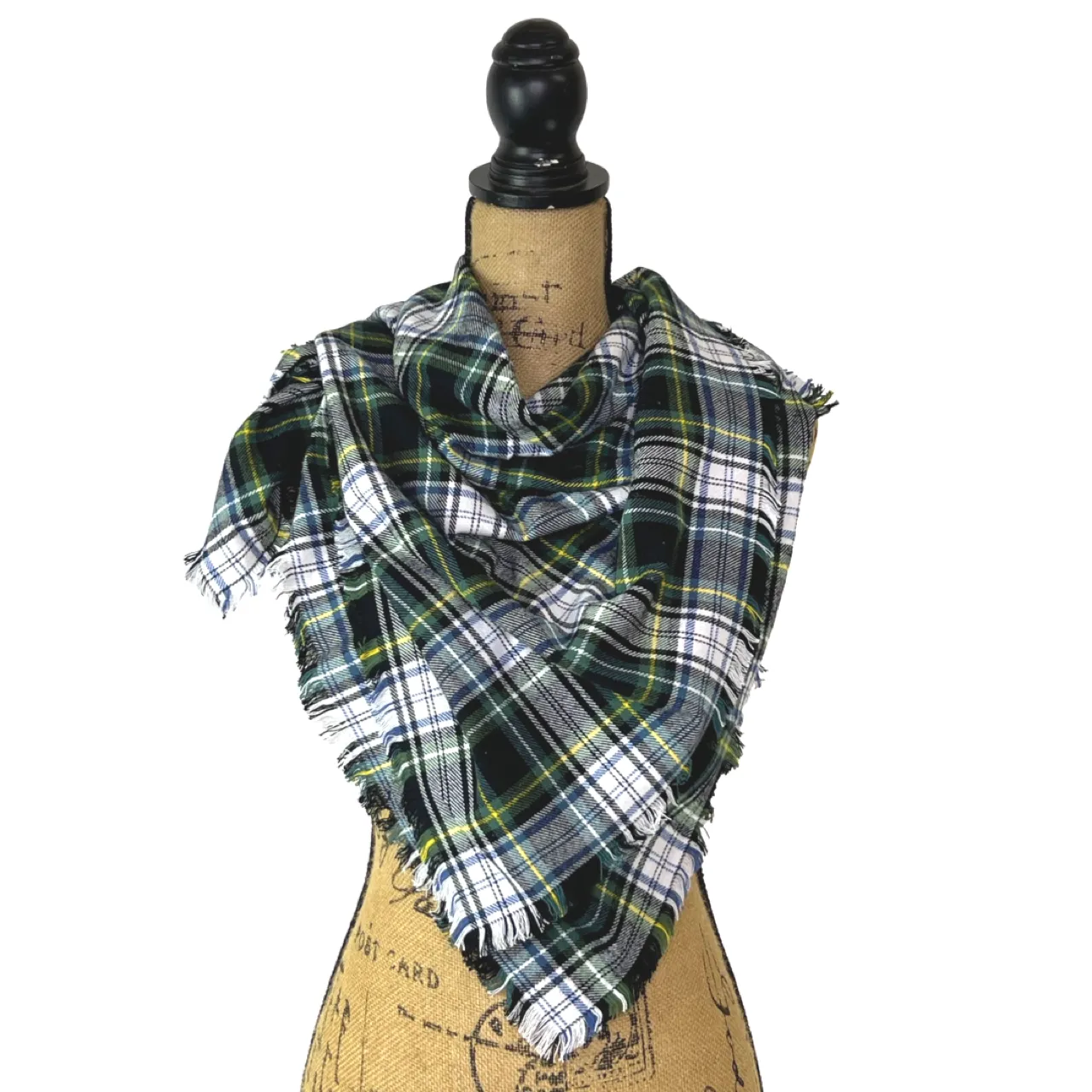 Evergreen, Black, White, Dusty Blue and Yellow Tartan Plaid Flannel Infinity or Blanket Scarf
