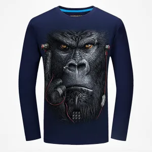 Fashion 3D Chimpanzee Animal Pattern Printing Cotton Long Sleeve Plus Size T-Shirt For Men