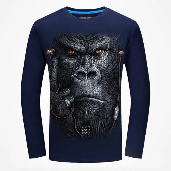 Fashion 3D Chimpanzee Animal Pattern Printing Cotton Long Sleeve Plus Size T-Shirt For Men