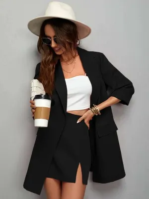 Flap Detail Single Button Blazer & Split Hem Skirt