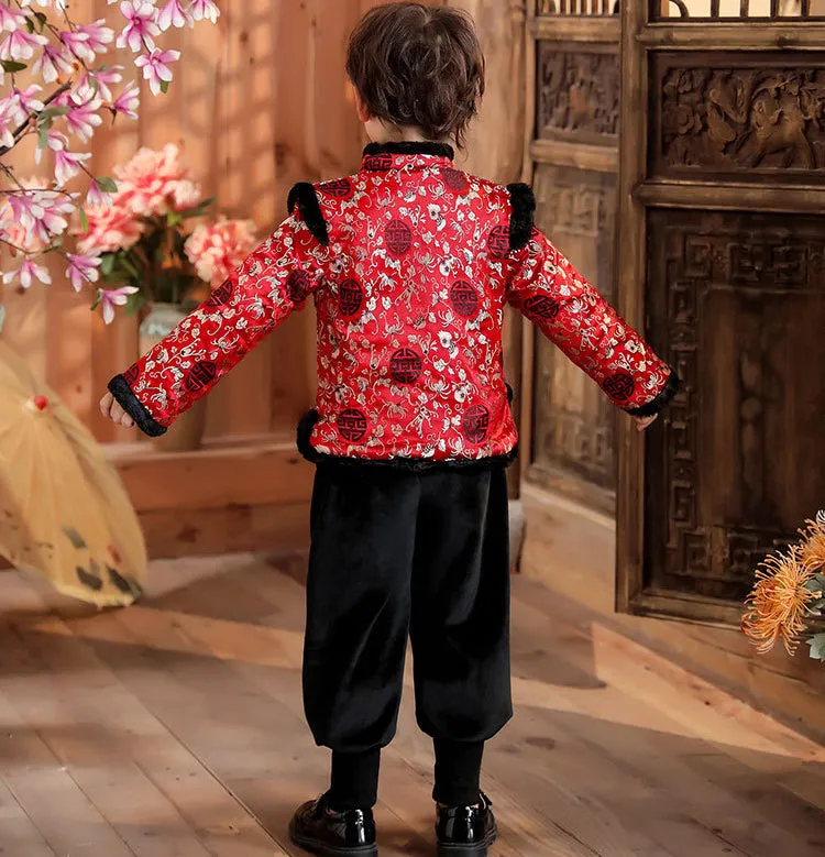 Floral Brocade Fur Edge Tradtional Chinese Style Boy's Wadded Suit