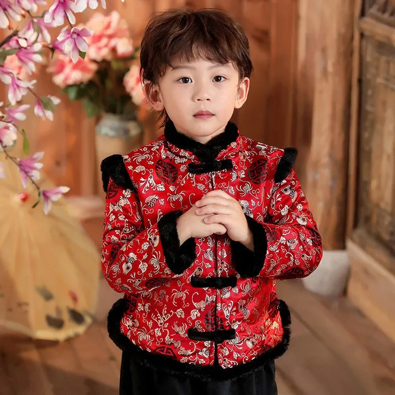 Floral Brocade Fur Edge Tradtional Chinese Style Boy's Wadded Suit