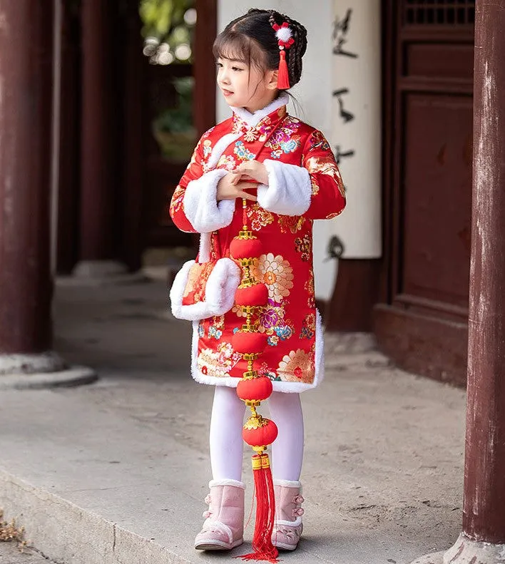 Floral Brocade Wadded Kid's Cheongsam Knee Length Chinese Dress