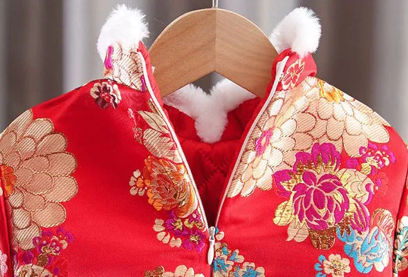 Floral Brocade Wadded Kid's Cheongsam Knee Length Chinese Dress