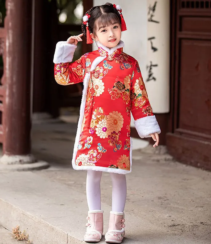 Floral Brocade Wadded Kid's Cheongsam Knee Length Chinese Dress