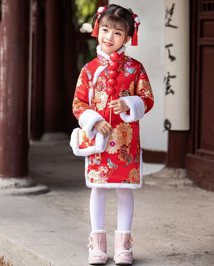 Floral Brocade Wadded Kid's Cheongsam Knee Length Chinese Dress