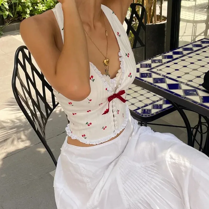 Floral Knit Halter White Crop Top
