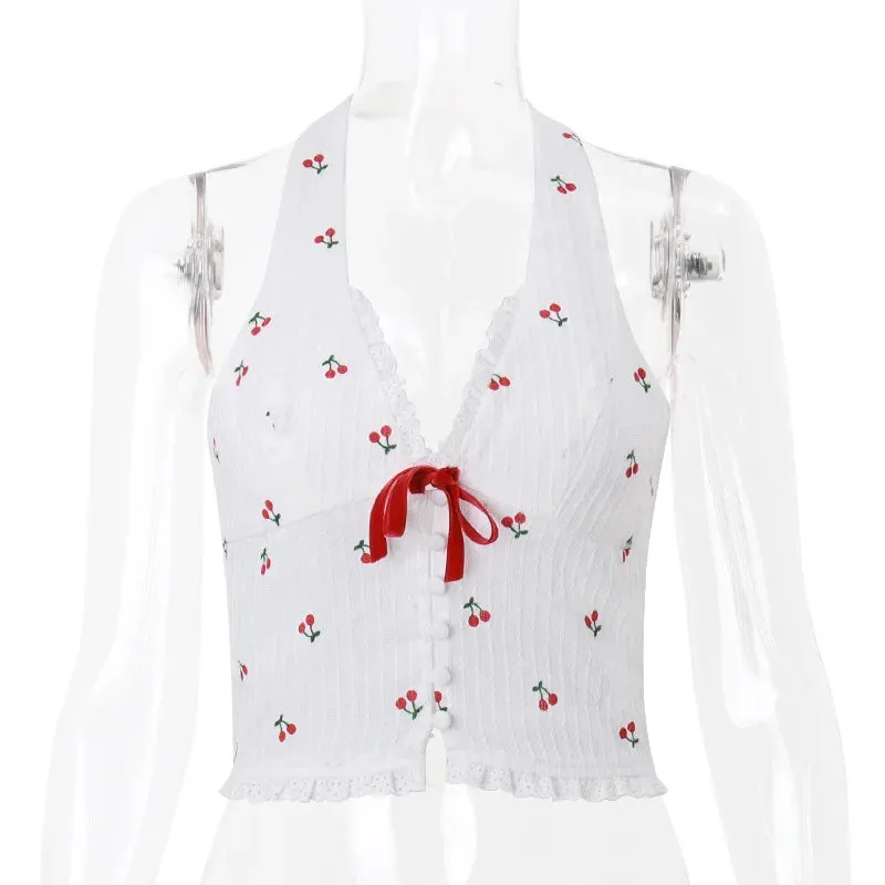 Floral Knit Halter White Crop Top