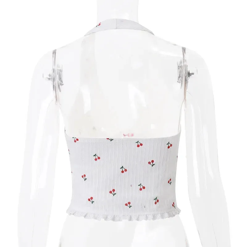 Floral Knit Halter White Crop Top