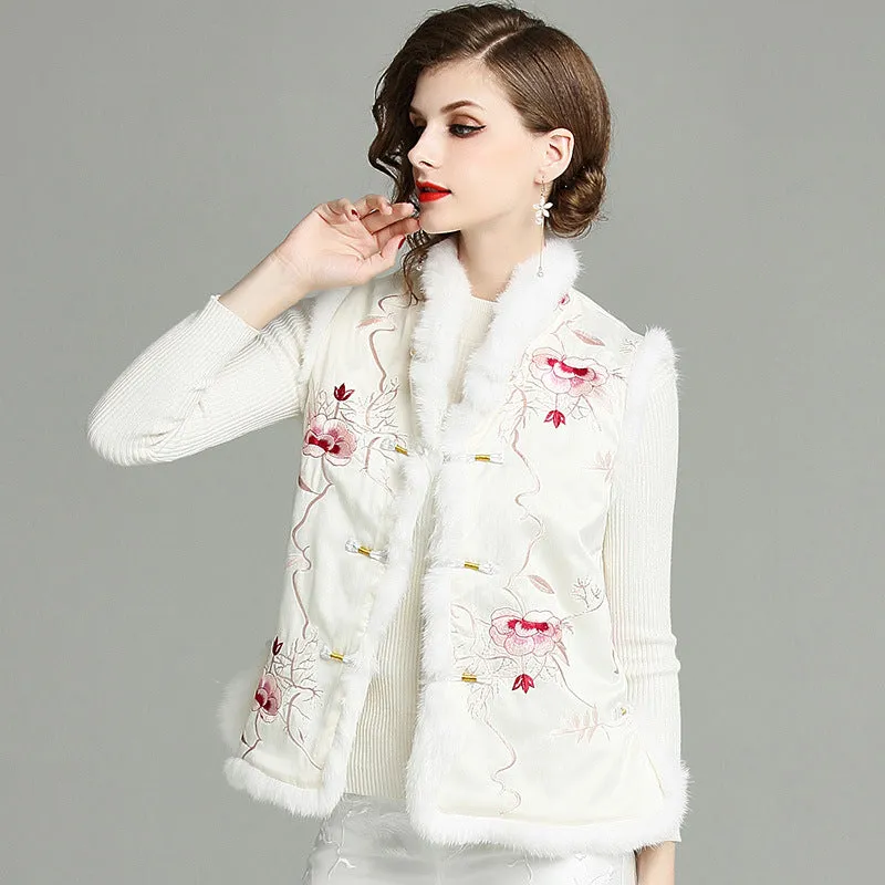 Fur Collar & Edge Floral Embroidery Brocade Chinese Waistcoat Vest
