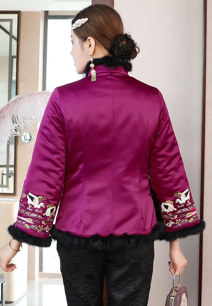 Fur Edge Floral Embroidery Brocade Chinese Style Wadded Coat