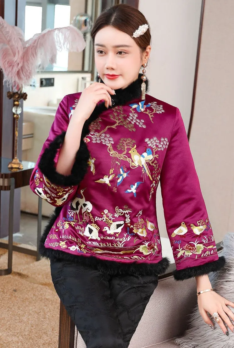 Fur Edge Floral Embroidery Brocade Chinese Style Wadded Coat