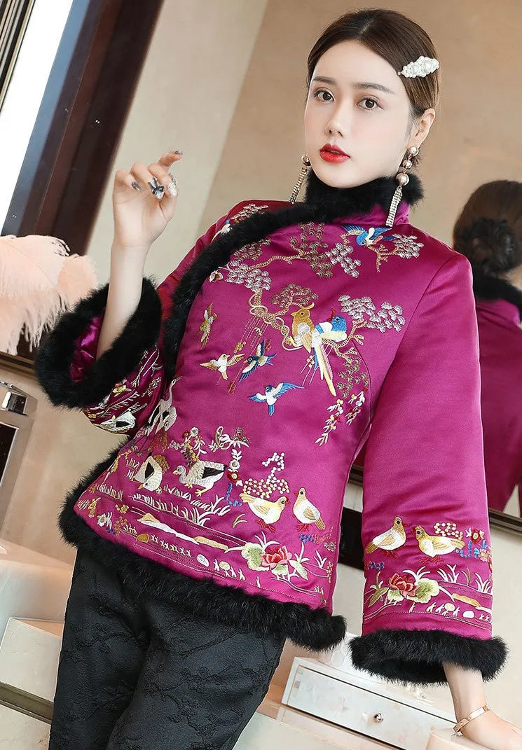 Fur Edge Floral Embroidery Brocade Chinese Style Wadded Coat