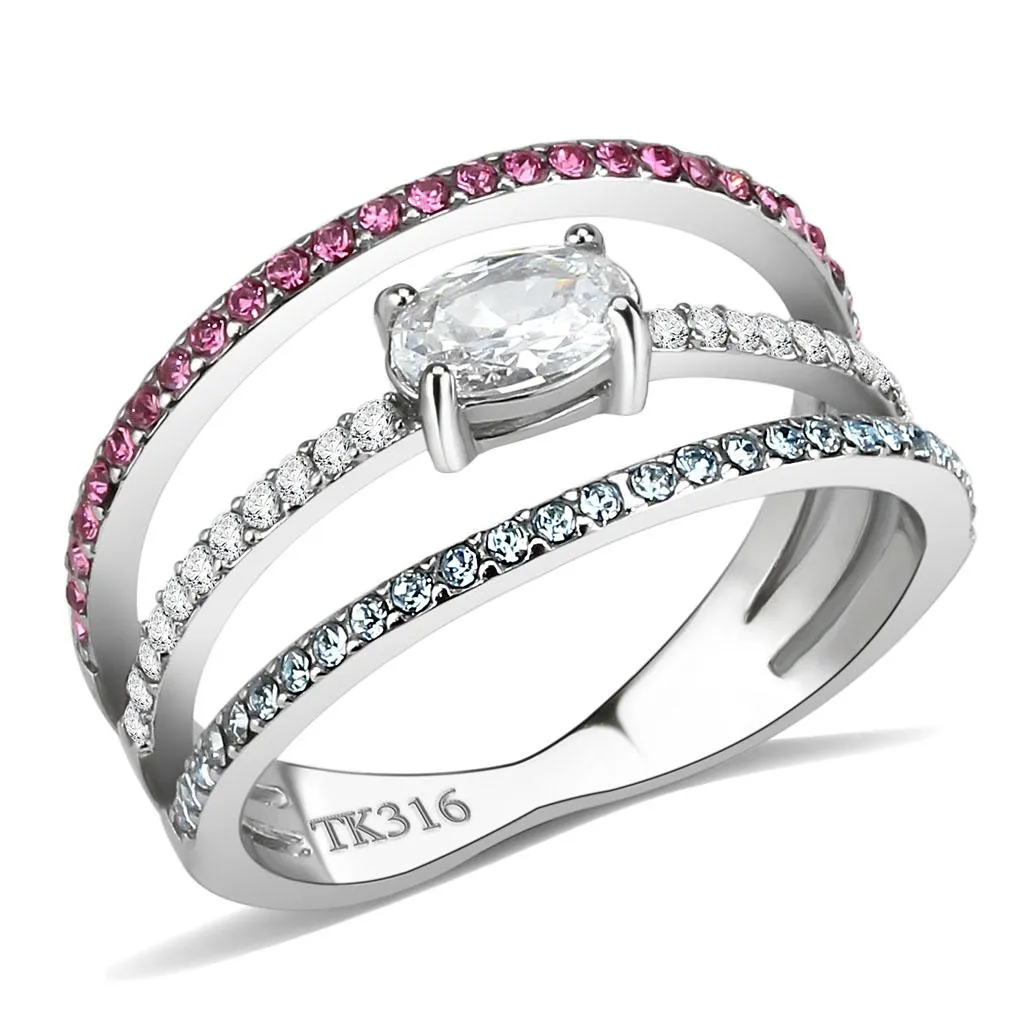 High polished (no plating) Stainless Steel Ring with AAA Grade CZ in Multi Color for Women Style DA386