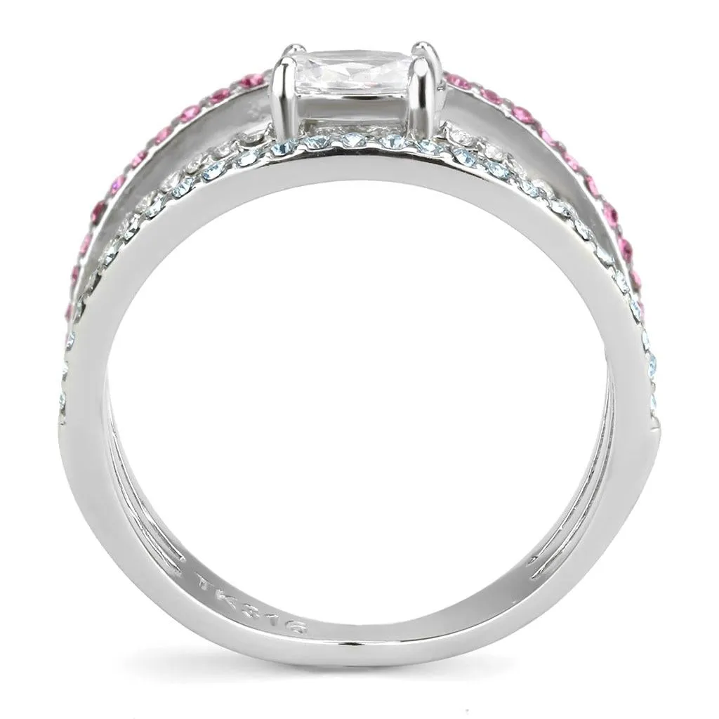 High polished (no plating) Stainless Steel Ring with AAA Grade CZ in Multi Color for Women Style DA386