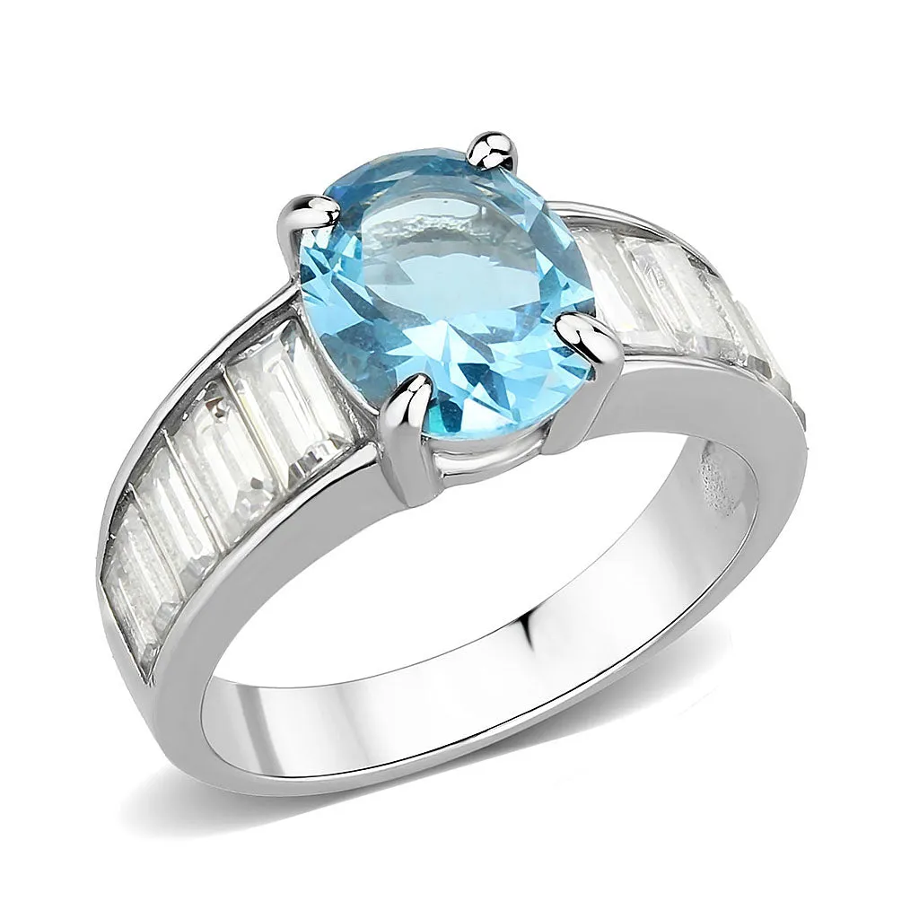 High polished (no plating) Stainless Steel Ring with Synthetic in SeaBlue for Women Style TK3779