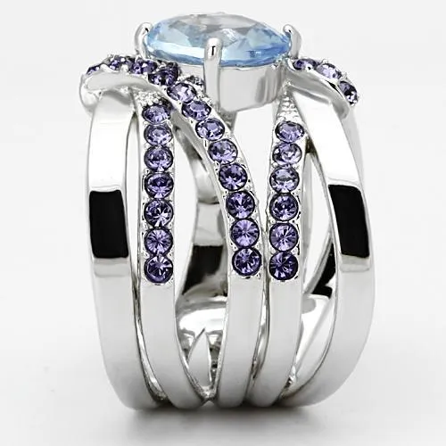 High polished (no plating) Stainless Steel Ring with Synthetic Synthetic Glass in Light Sapphire for Women Style TK865