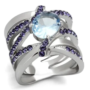 High polished (no plating) Stainless Steel Ring with Synthetic Synthetic Glass in Light Sapphire for Women Style TK865