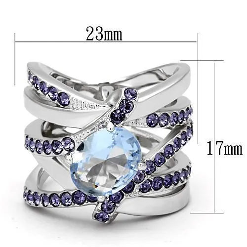 High polished (no plating) Stainless Steel Ring with Synthetic Synthetic Glass in Light Sapphire for Women Style TK865